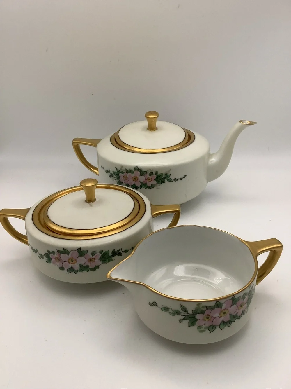 Antique B&C Limoges France Floral Porcelain Tea Set - Sugar, Creamer & Teapot